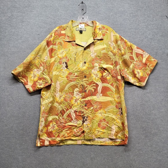 VINTAGE Tommy Bahama Men Button Up Shirt L Yellow Silk Naked Ladies Pin Up